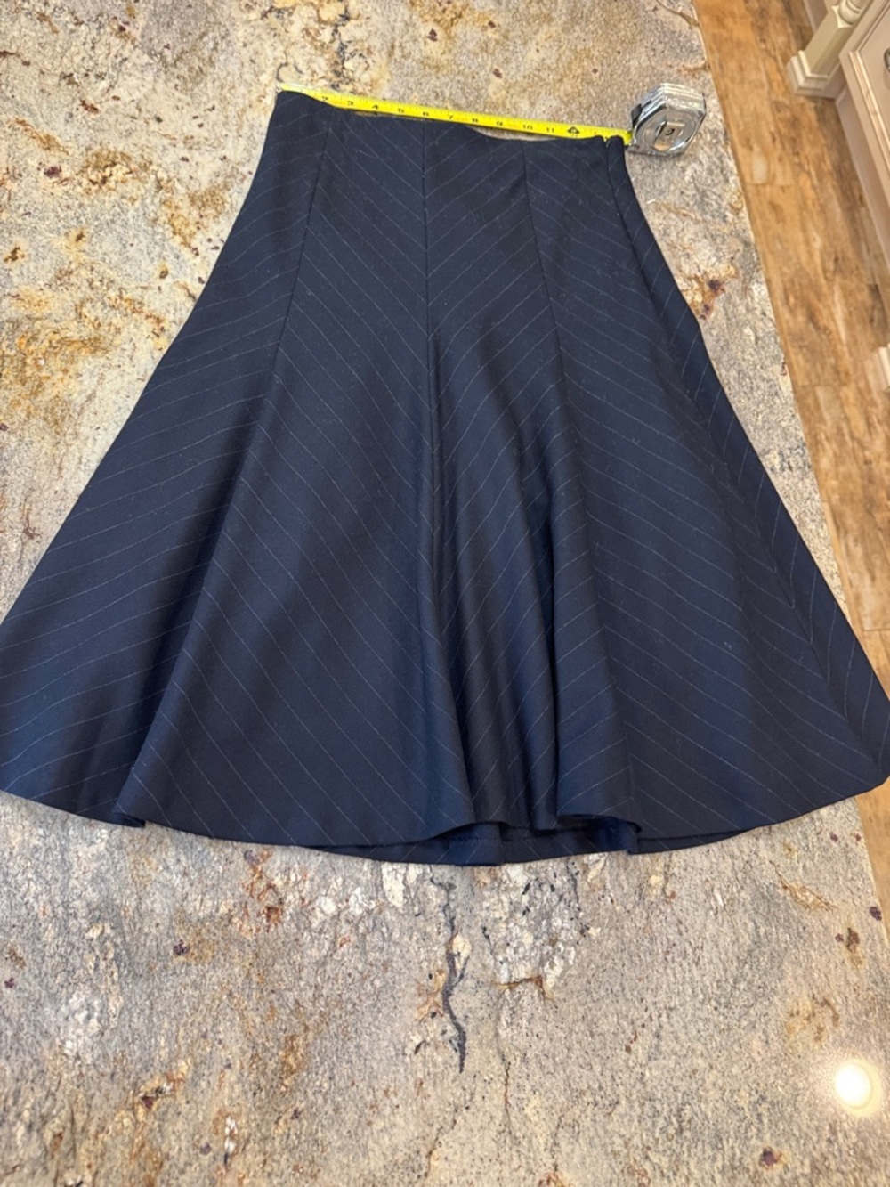 Ann Taylor Navy Pinstripe A-Line Women’s Skirt fully line with side zipper.
